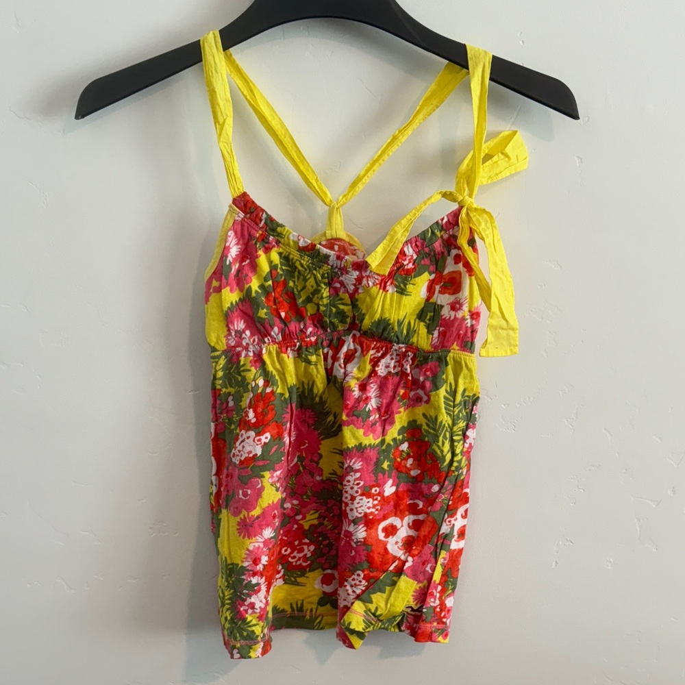 Vintage Hollister Yellow Floral Tie-Strap Cami Tanktop with Red & Pink Blooms